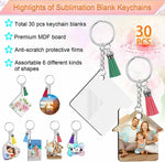 DIY Sublimation Keychain Blank 120Pcs Heat Transfer Keychain MDF Pendant 6 Style