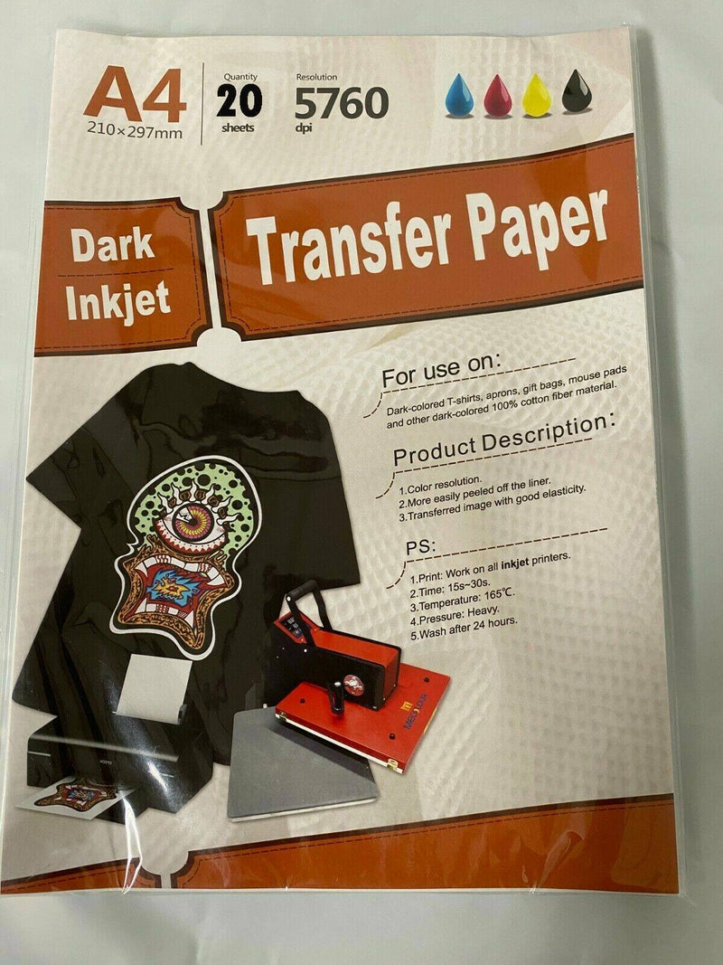 New Inkjet Iron-On Heat Transfer Paper For Dark fabric 20 Sheets 8.5"x 11" A4