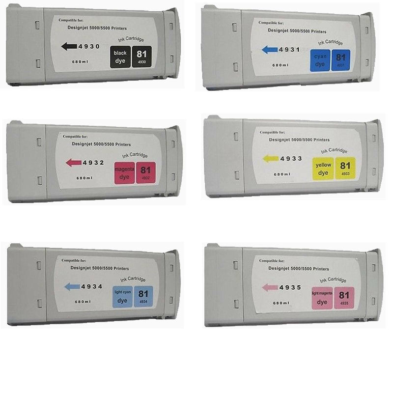 6 Color Set Combo New Ink Cartridges Compatible for HP DesignJet 5000 5500 (#81)