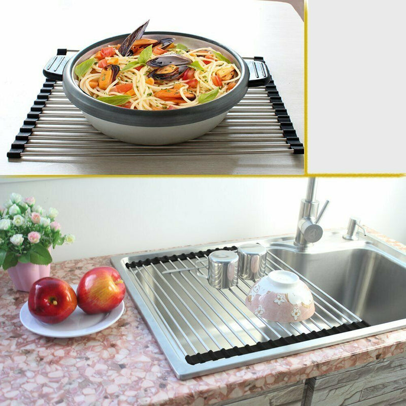 Stainless Steel Sink Drain Rack Roll Up Dish Food Drying Drainer