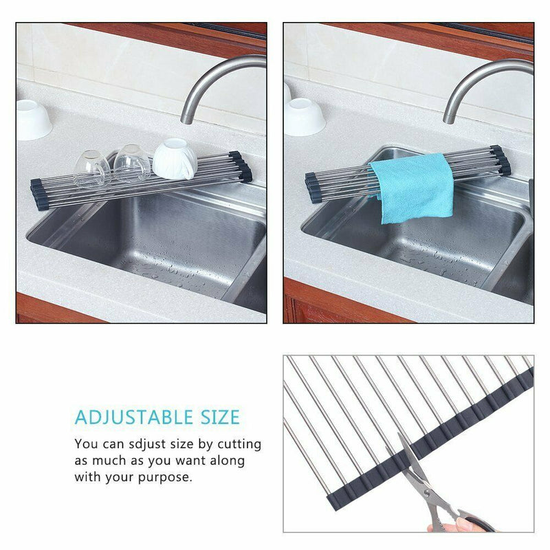 Black Kitchen Stainless Steel Folding Drain Rack Sink Food Drying Drainer Roll