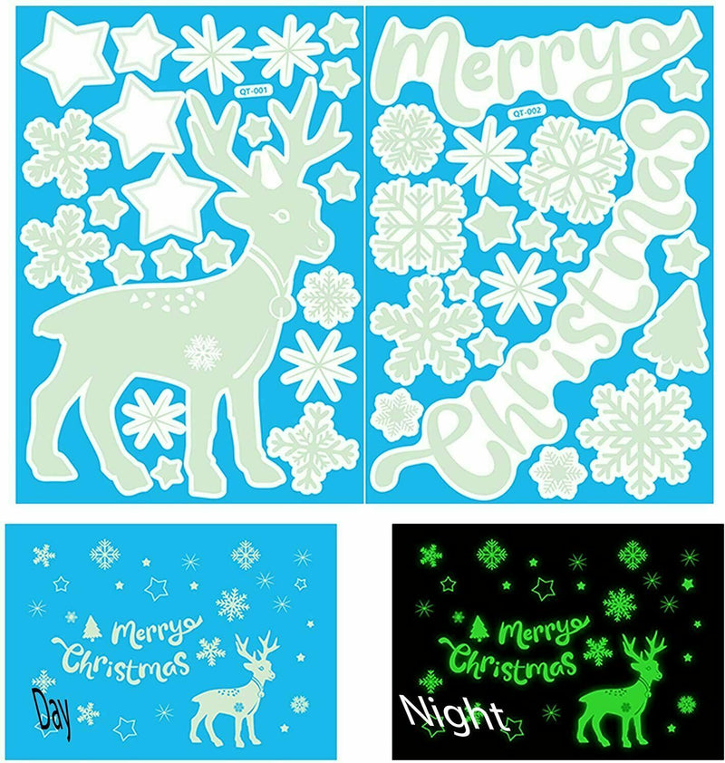 Christmas Xmas Glowing Stickers Reindeer Santa Decals Windows Holiday Decoration